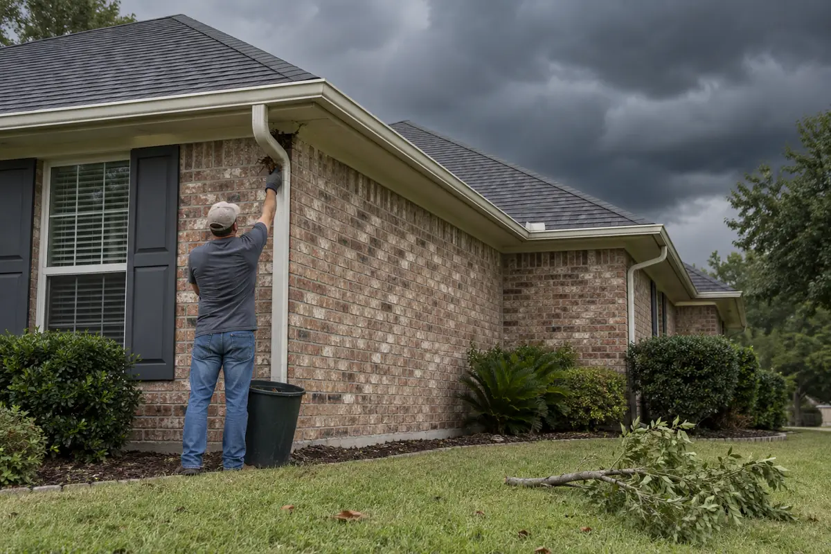 Illustrative homeowner clearing a gutter beneath a darkening Gulf Coast sky