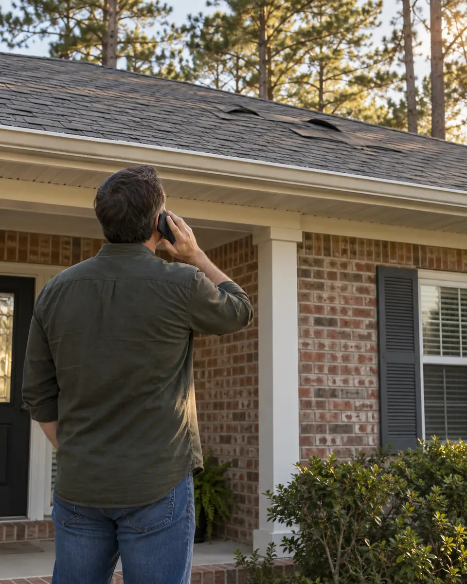 Illustrative homeowner on a porch holding a phone while looking toward a roof