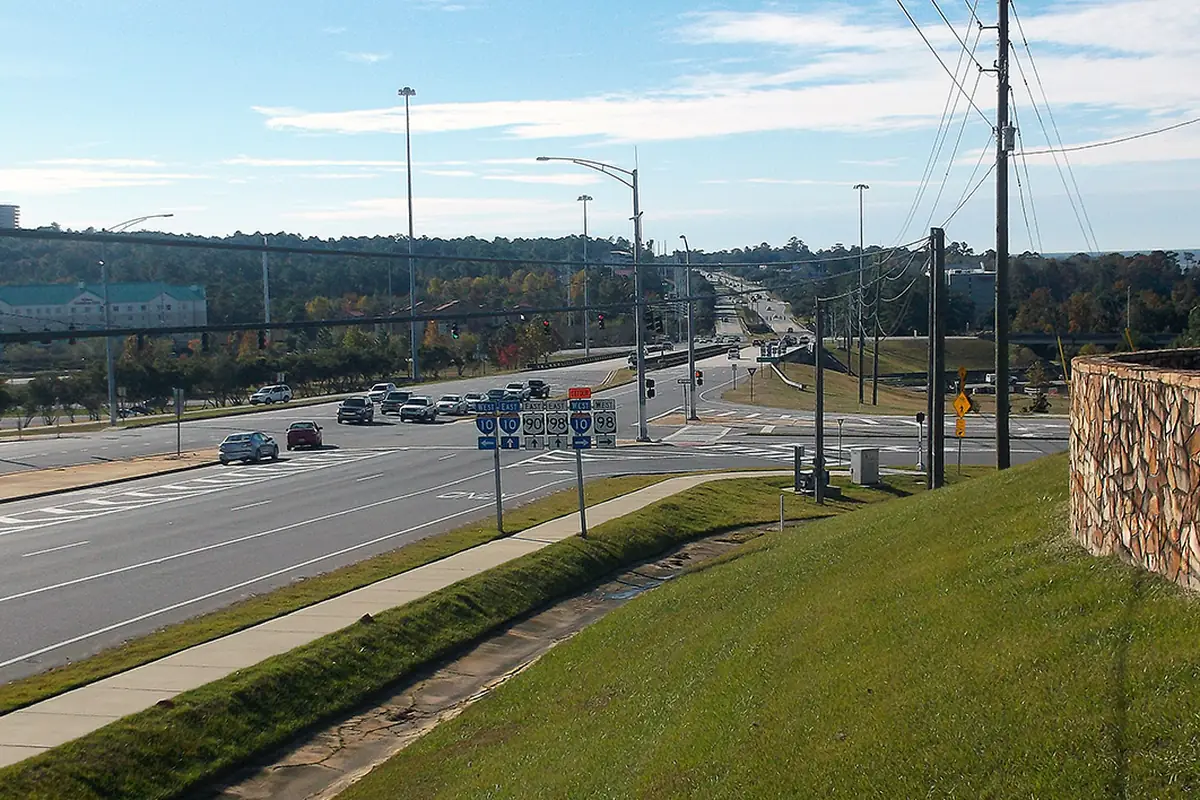 Interstate 10 and U.S. 90/98 interchange looking south into Daphne, Alabama
