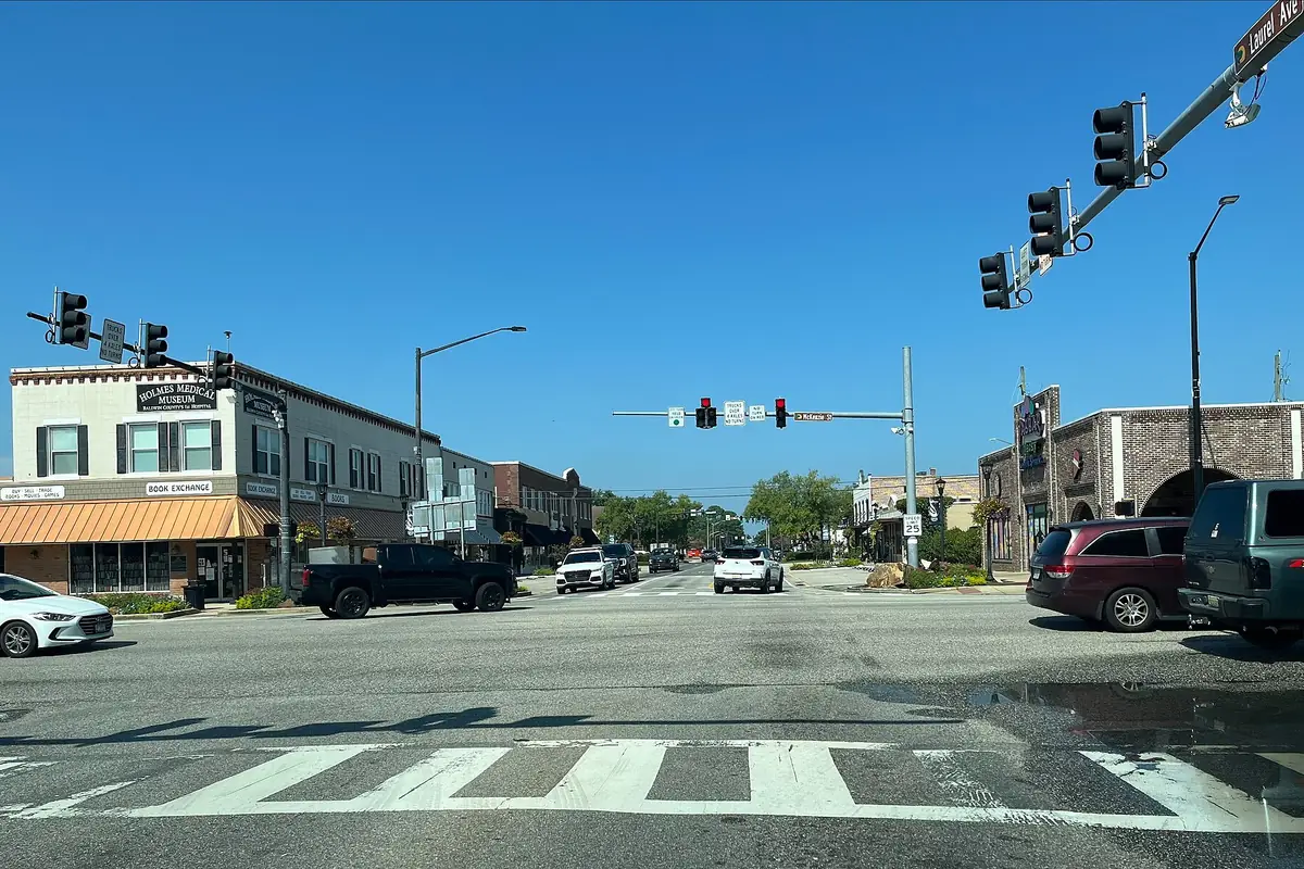 Buildings along a street in downtown intersection in Foley, Alabama